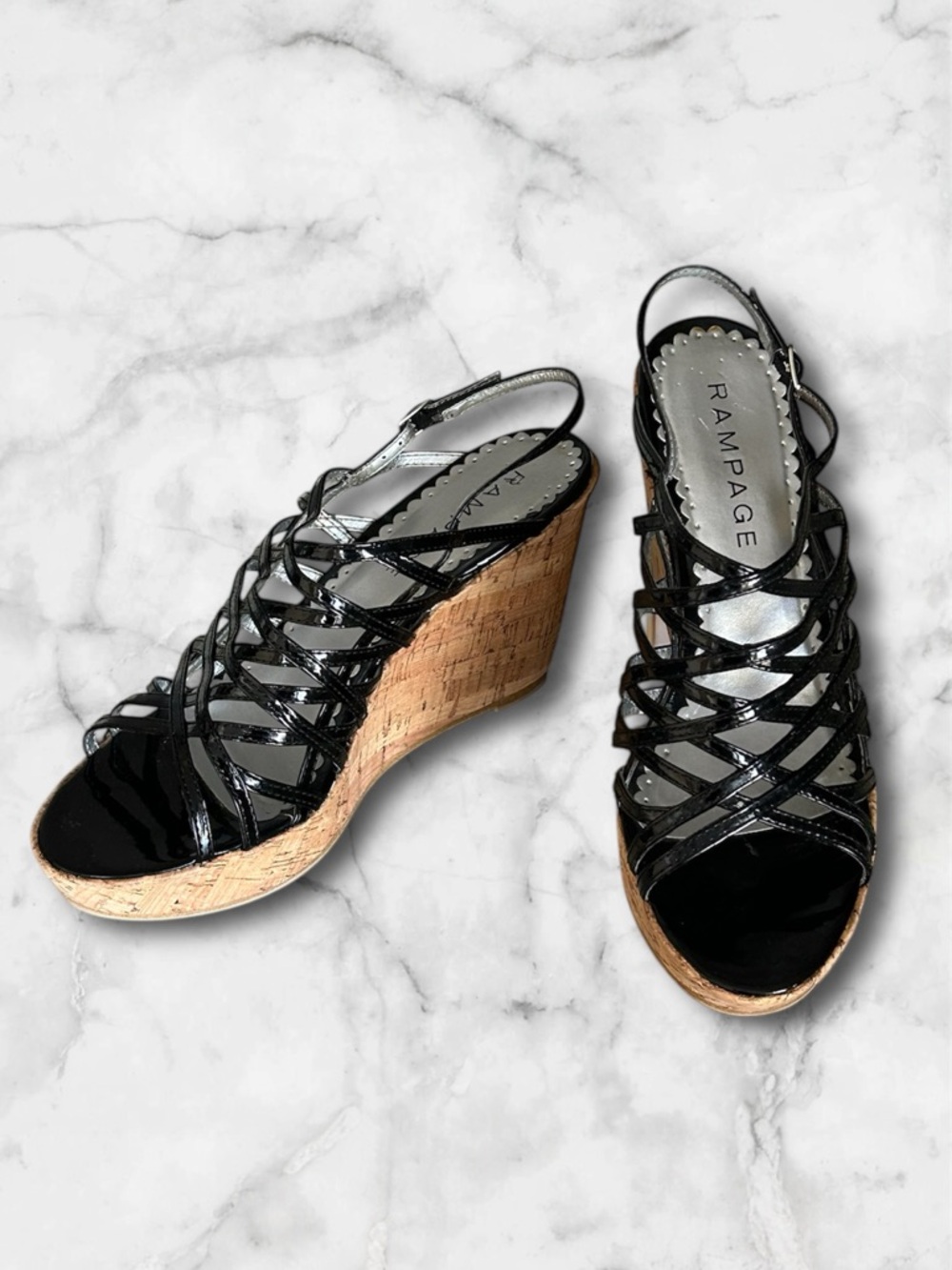 Rampage Black Patent Strappy Wedge Sandals Cork Platform Heel Size 8 Y2K - Picture 2 of 10